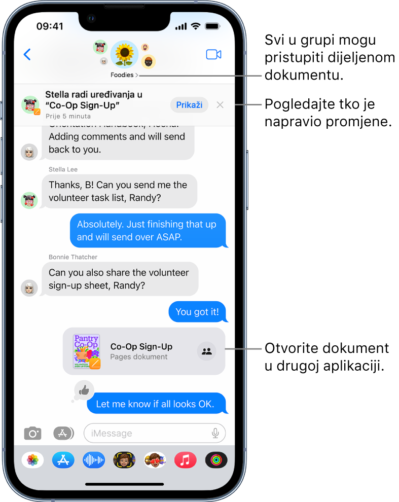 Grupni razgovor u aplikaciji Poruke, uključujući poziv za suradnju i ažuriranja pri vrhu prozora razgovora.
