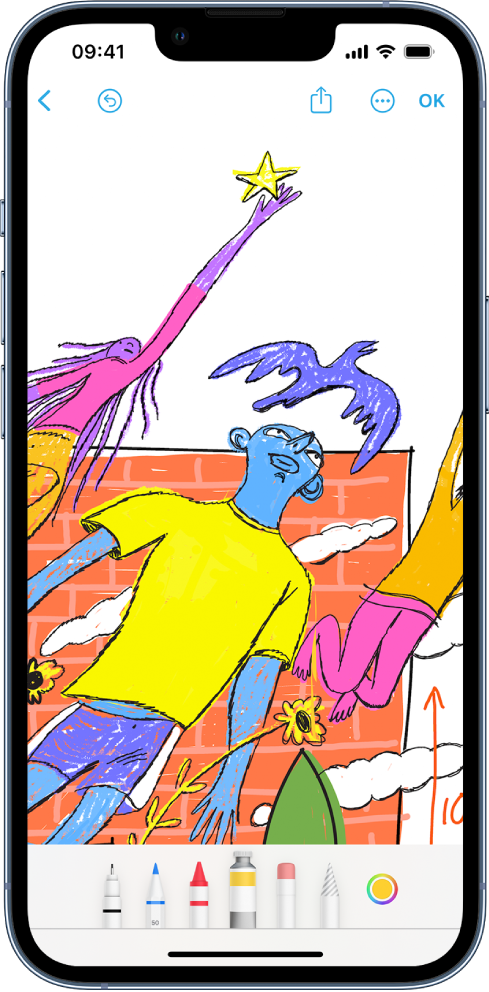 iPhone s otvorenom aplikacijom Freeform i izbornikom alata za crtanje. Crtež je na ploči.