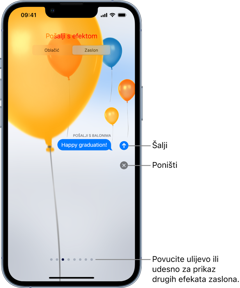 Pregled poruke s efektom preko cijelog zaslona s balonima.