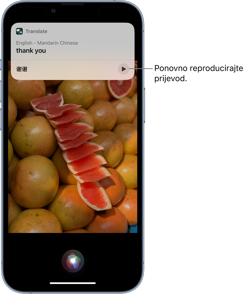 Siri prikazuje prijevod engleske fraze “thank you” na mandarinskom. Tipkom na dnu prijevoda reproducira se audio zapis prijevoda.