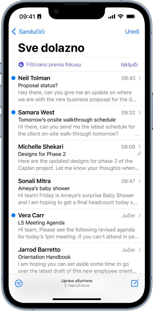 Ulazna pošta s prikazom popisa e-mailova. Iznad popisa e-mailova nalazi se oznaka Filtrirano fokusom, a s desne strane nalazi se opcija Isključi.