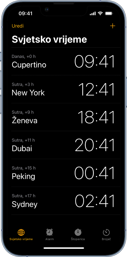 Kartica Svjetsko vrijeme, koje prikazuje vrijeme u raznim gradovima. Tipka Uredi u blizini gornjeg lijevog kuta omogućuje vam promjenu redoslijeda ili brisanja satova. Tipka Dodaj blizini gornjeg lijevog kuta omogućuje vam dodavanje još satova. Sat, Alarm, Štoperica i Brojač nalaze se uz dno.