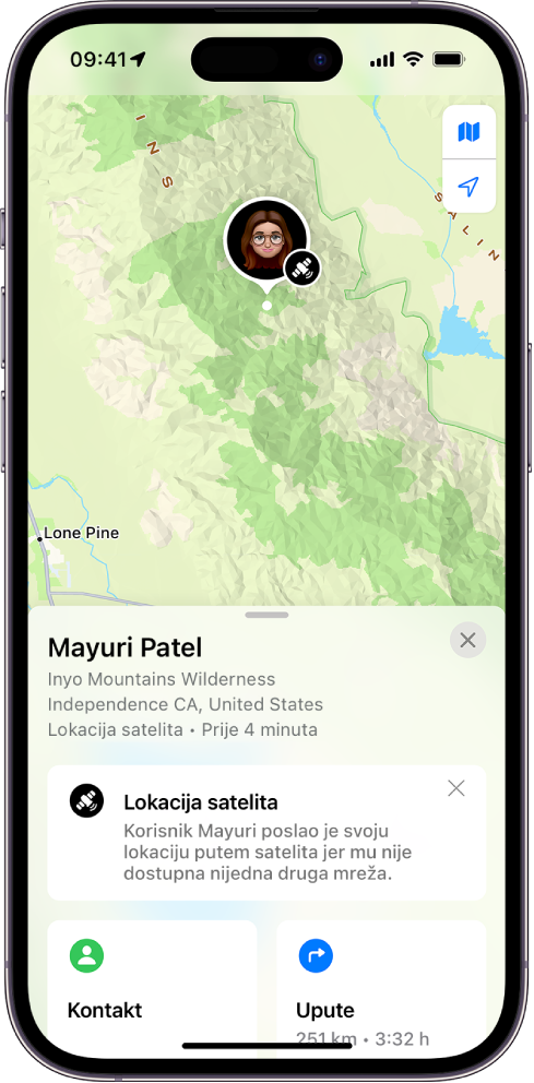 Zaslon aplikacije Pronalaženje kad prijatelj dijeli svoju lokaciju putem satelita.