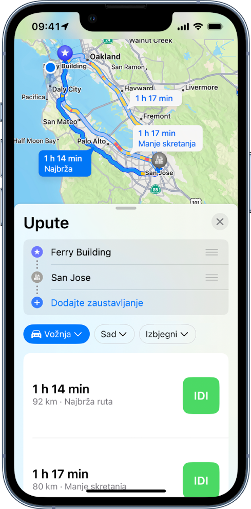 Karta na kojoj je prikazano više ruta za vožnju između dvije lokacije i odabranom najbržom rutom. Kartica rute na dnu sadrži detalje za rute, uključujući procijenjena trajanja putovanja, udaljenost i kratak opis. Pored svakog opisa rute prikazuje se tipka Idi.