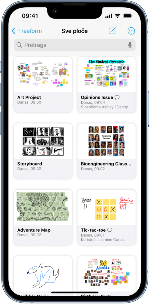 Otvoren je zaslon Sve ploče aplikacije Freeform i prikazuje osam minijatura ploča.