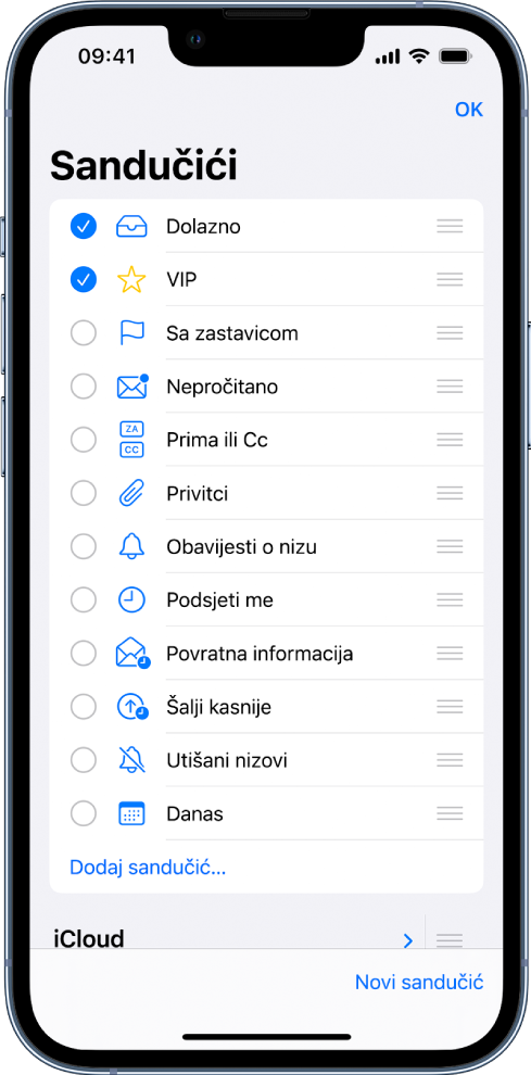 Zaslon za uređivanje sandučića. Opcionalni sandučići navedeni su od vrha do dna s potvrdnom kućicom s lijeve strane. Opcionalni sandučići uključuju Dolazno, VIP, Sa zastavicom, Nepročitano, Privitci, Podsjeti me i ostalo. U donjem desnom kutu zaslona nalazi se tipka s oznakom Novi sandučić.