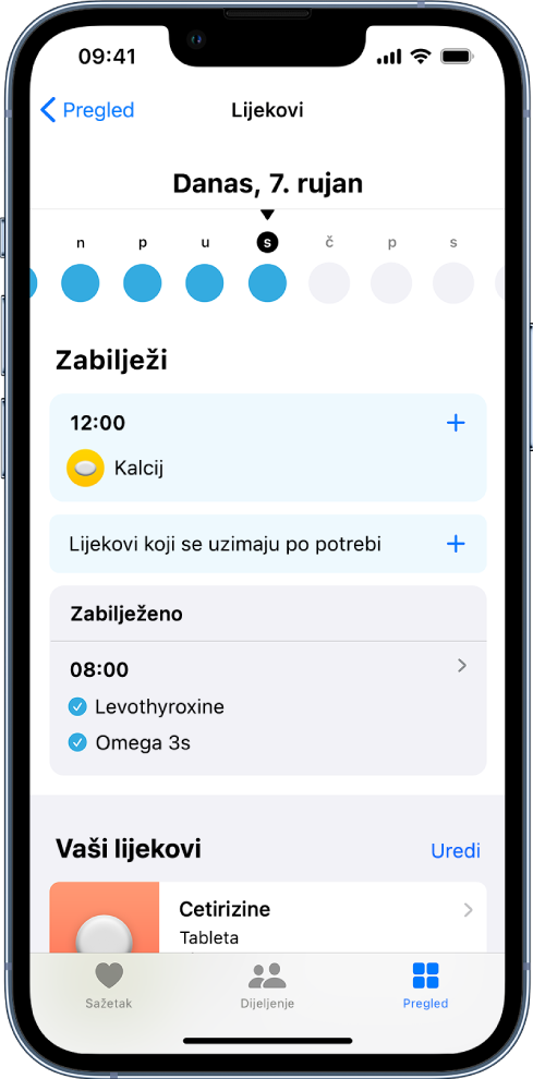 Zaslon Lijekovi u aplikaciji Zdravlje prikazuje vremensku liniju i dnevnik za lijekove.