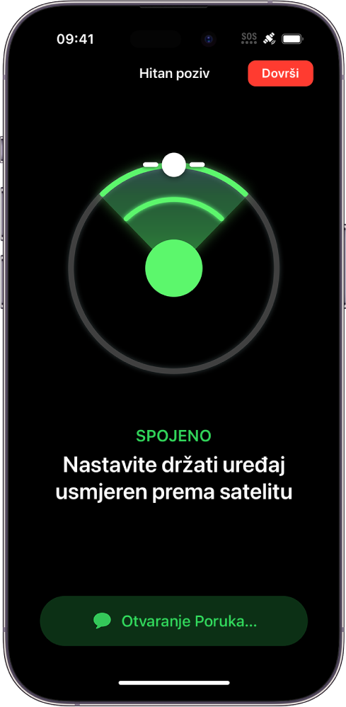 Zaslon Hitnog poziva s grafikom koja navodi korisnika na usmjeravanje iPhonea prema satelitu. Ispod je obavijest Otvaranje poruka.