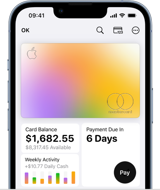 Apple Card u Novčaniku s prikazom tipke Više pri vrhu desno, ukupno stanje i tjedna aktivnost u donjem lijevom kutu te tipka Plati u donjem desnom kutu.