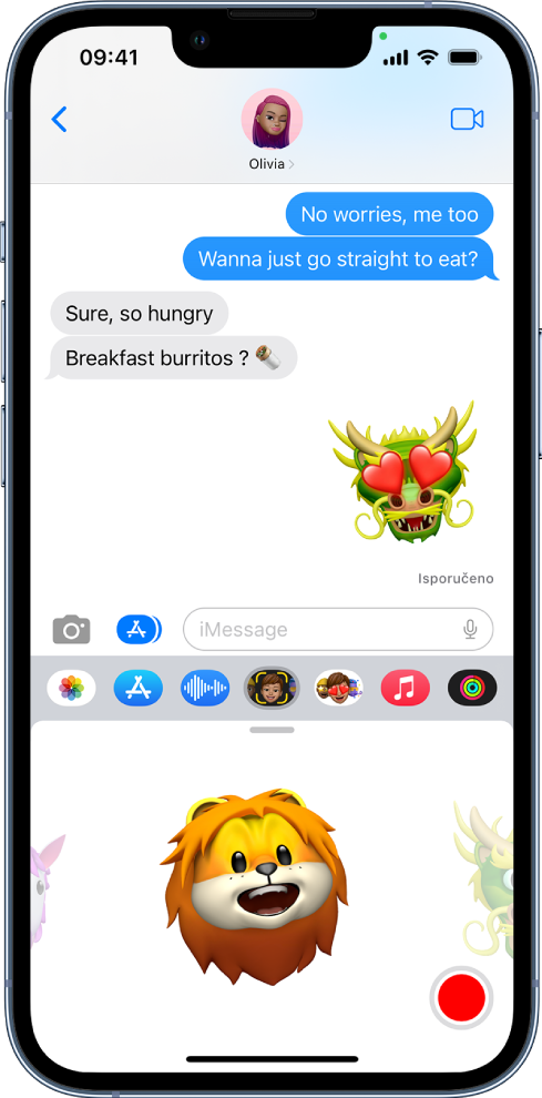 Razgovor u aplikaciji Poruke s plavim oblačićima koji označavaju da su poruke poslane značajkom iMessage umjesto SMS-om ili MMS-om.