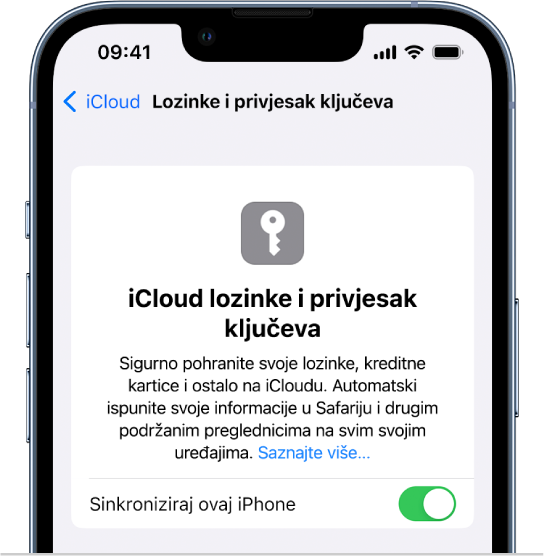 Zaslon iCloud lozinki i Privjeska ključeva s postavkom za sinkroniziranje ovog iPhonea.