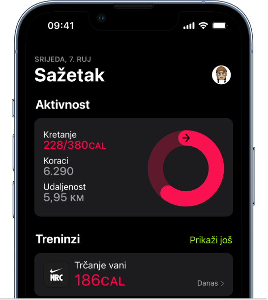 Zaslon sa sažetkom u aplikaciji Fitness prikazuje područja Aktivnost i Treninzi.
