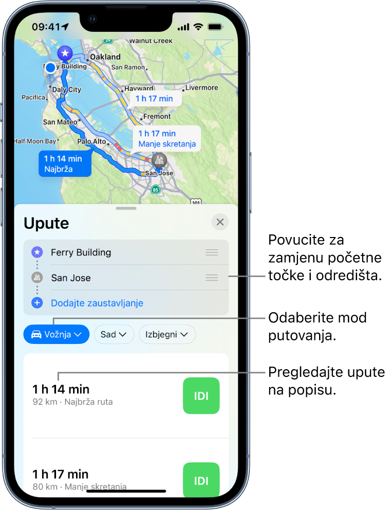 Karta koja prikazuje više ruta vožnje između dvije lokacije, s opcijama za zamjenu polazišta i odredišta, odabir drugih načina putovanja i prikaz uputa u popisu.
