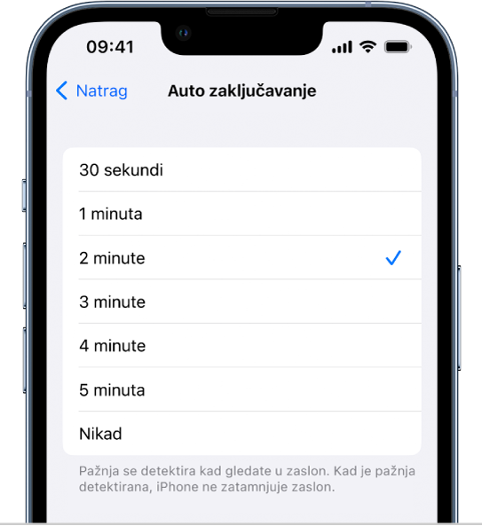 Zaslon Auto zaključavanje, s postavkama za duljinu vremena prije nego se iPhone automatski zaključa.