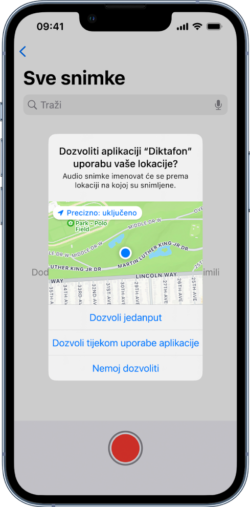 Zahtjev od aplikacije za uporabu lokacijskih podataka na iPhoneu. Opcije su Dozvoli jedanput, Dozvoli tijekom uporabe aplikacije i Nemoj dozvoliti.