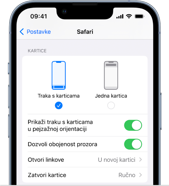 Zaslon s prikazom dvije opcije izgleda preglednika Safari: Traka s karticama i Jedna kartica.