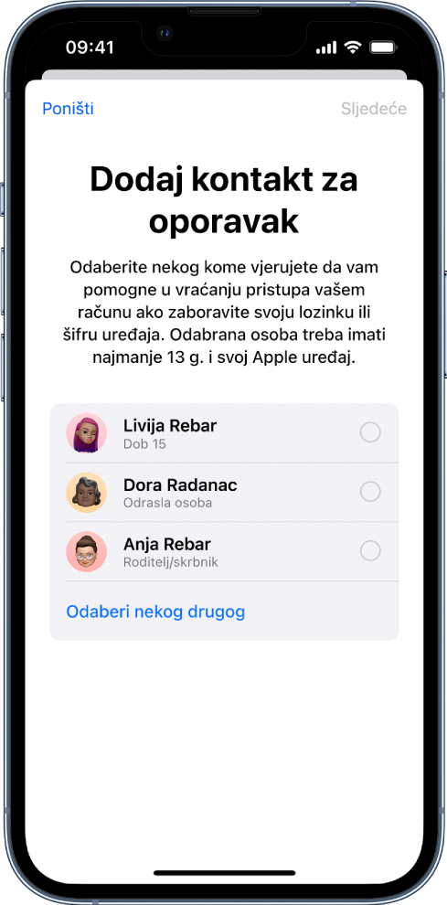 Zaslon Kontakt za oporavak računa koji prikazuje predložene kontakte kako biste ih odabrali kao kontakt za oporavak te mogućnost odabira nekog drugog.