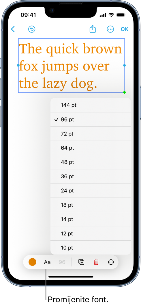 Odabrani tekst s vidljivim alatima za formatiranje ispod njega u ploči aplikacije Freeform.