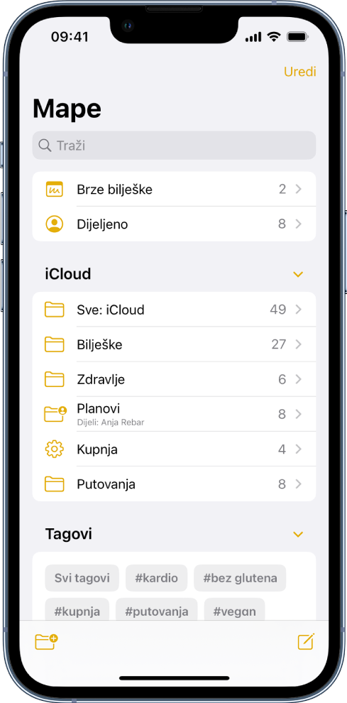 Popis mapa u aplikaciji Bilješke s poljem za pretraživanje na vrhu.