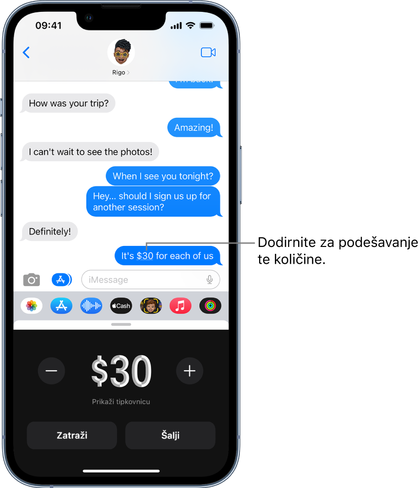 iMessage razgovor s otvorenom aplikacijom Apple Pay na dnu.