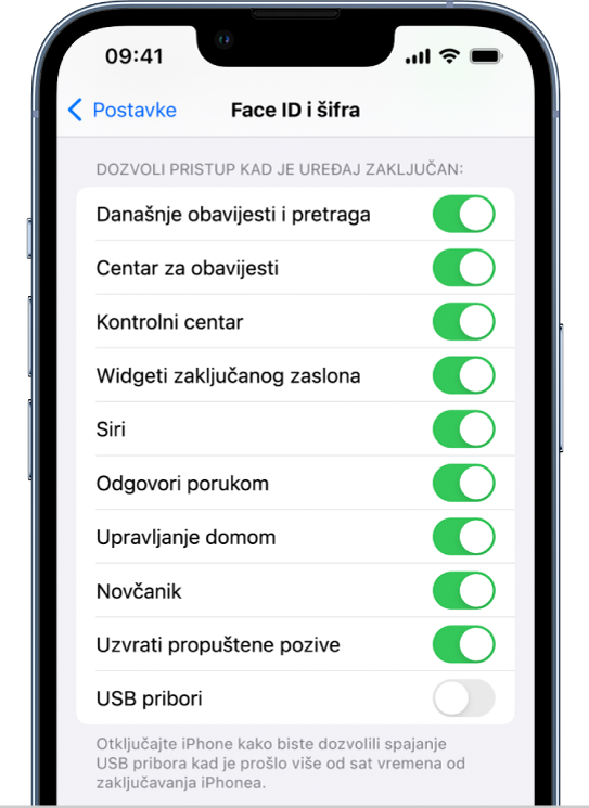 Zaslon Face ID i šifra, s postavkama za dozvoljavanje pristupa određenim značajkama kad je iPhone zaključan.