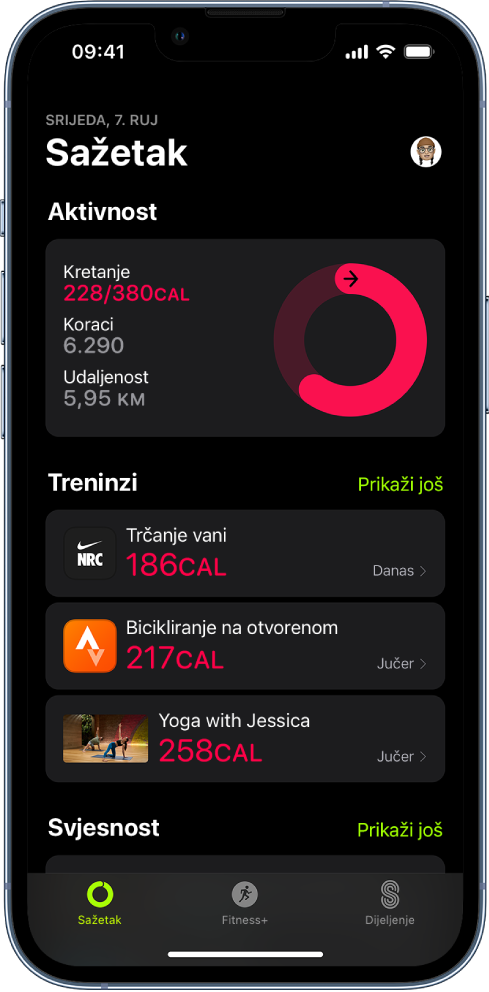 U zaslonu Sažetak u aplikaciji Fitness prikazuju se područja Aktivnost, Treninzi i Svjesnost. Kartice Sažetak, Apple Fitness+ i Dijeljenje nalaze se na dnu zaslona.