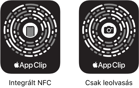 A bal oldalon egy NFC-vel integrált apprészlet-kód látható középen egy iPhone ikonnal. A jobb oldalon egy csak leolvasható apprészlet-kód látható középen egy kameraikonnal.