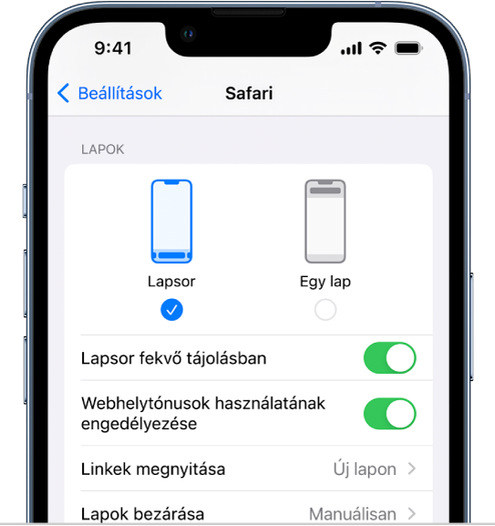 Egy képernyő két választható Safari-elrendezéssel, amelyek a következők: Lapsor és Egy lap.