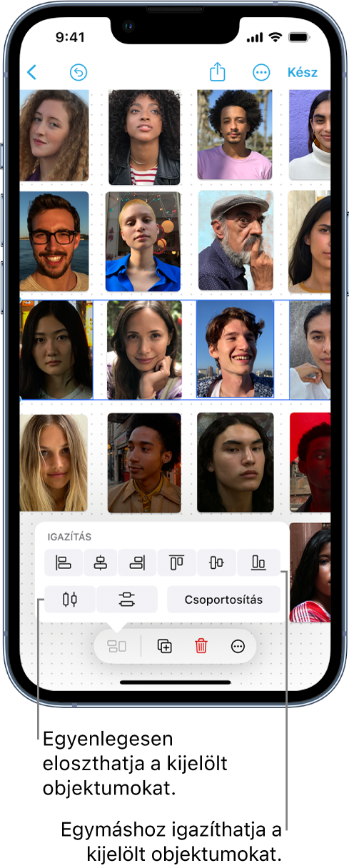 Freeform-tábla, amely egy fotókból álló ráccsal van kitöltve. A fotók egyik sora ki van jelölve, és az igazításhoz, illetve csoportosításhoz használható eszközök meg vannak nyitva.