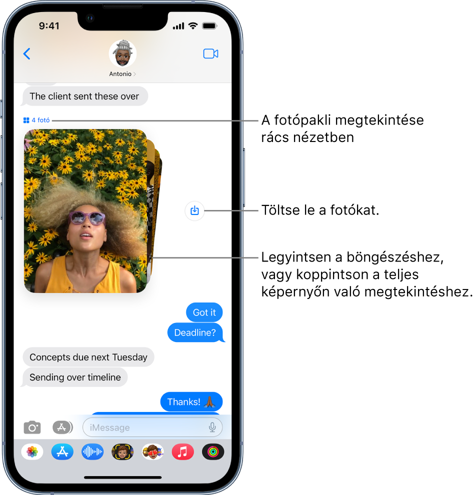 Egy beszélgetés az Üzenetek appban, amelyben egy embereket és virágokat ábrázoló fotókból álló gyűjtemény látható egy Mentés gombbal.