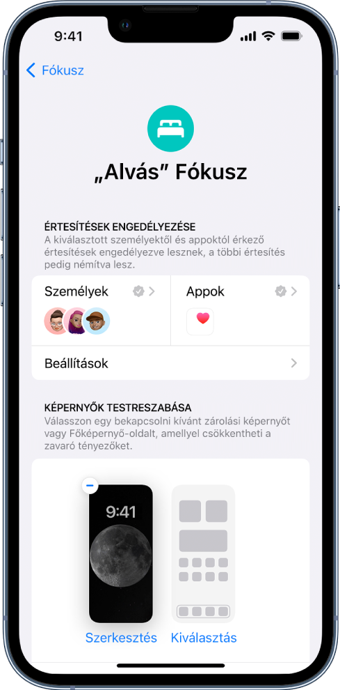 Az „Alvás” Fókusz képernyőjén három személy és egy app küldhet értesítéseket.