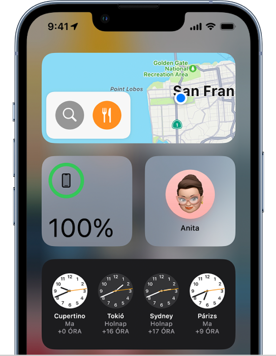 A Térképek widget és más widgetek az iPhone képernyőjén.