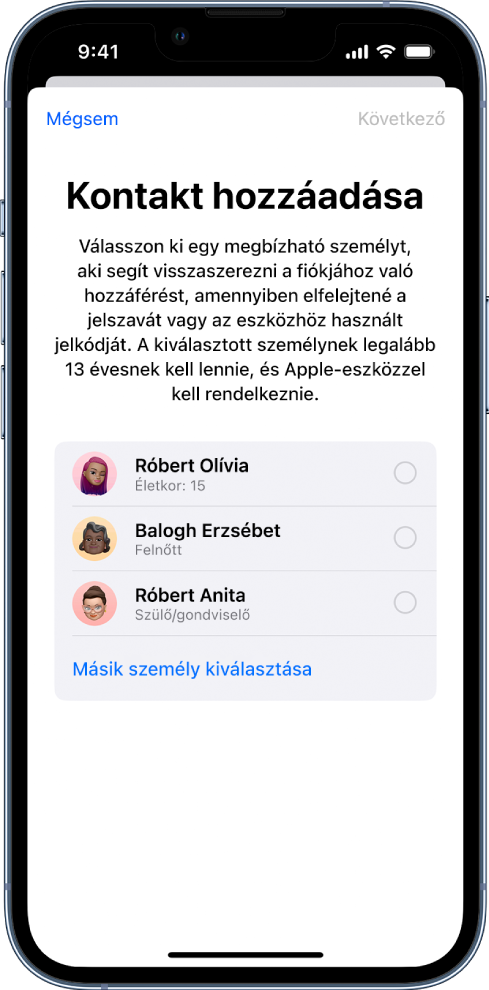 A Fiók-helyreállítási kontakt képernyő, amelyen a helyreállítási kontaktként kiválasztható javasolt kontaktok láthatók, továbbá egy olyan opció, amellyel másik személyt lehet választani.