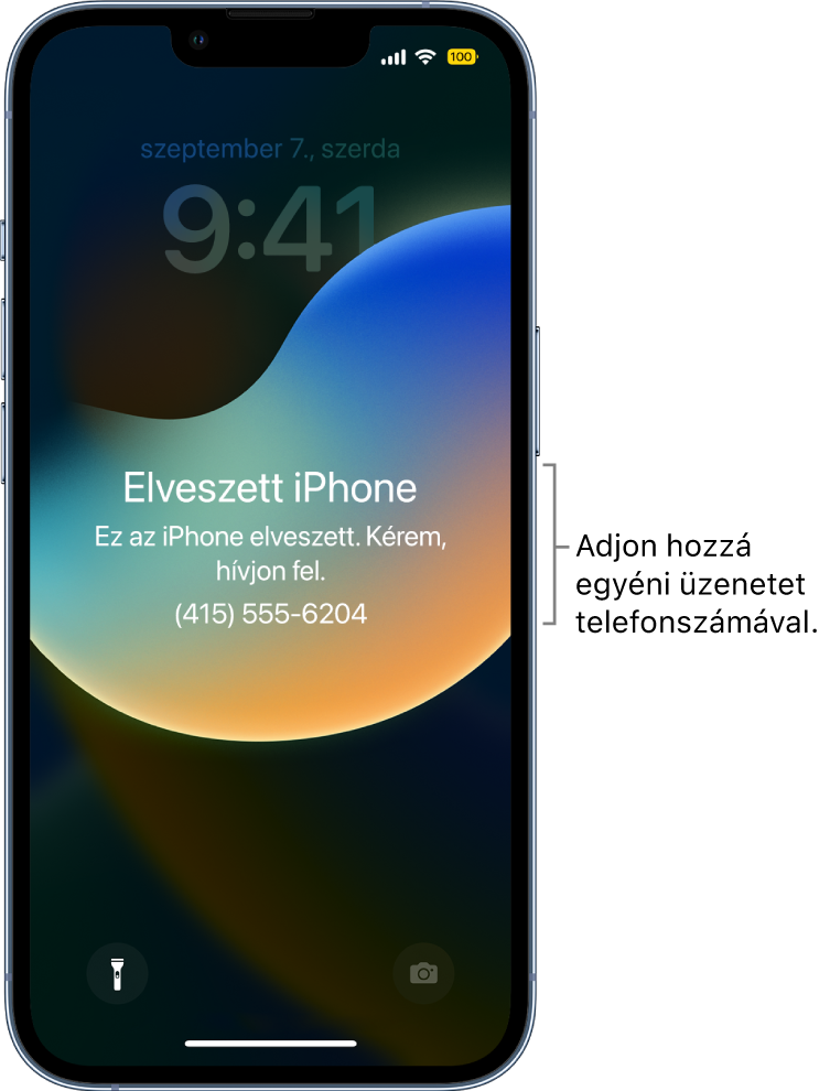 Az iPhone Zárolási képernyője a következő üzenettel: „Elveszett iPhone. Ez az iPhone elveszett. Kérem, hívjon fel. (415) 555-6204.” Igény szerint beállíthat egy egyéni üzenetet a telefonszámával.