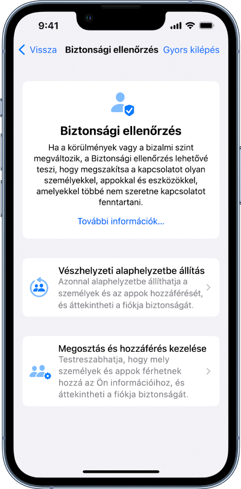 A Biztonsági ellenőrzés képernyő, amely információkat tartalmaz a Vészhelyzeti alaphelyzetbe állítás és a Megosztás és hozzáférés kezelése funkcióról és gombokról.