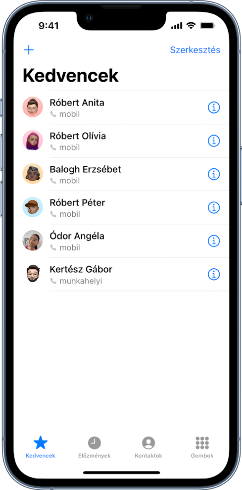 A Kedvencek képernyő a Kontaktok appban; a kedvencek listáján hat kontakt szerepel.