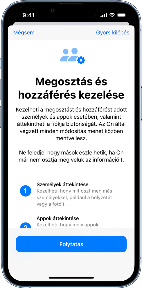 A Megosztás és hozzáférés kezelése képernyő a működését leíró információkkal. A Folytatás gomb alul található.