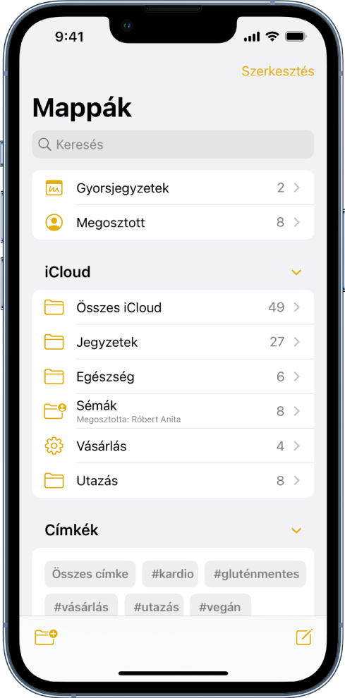 A Mappák lista a Jegyzetek appban, felül a keresőmezővel.
