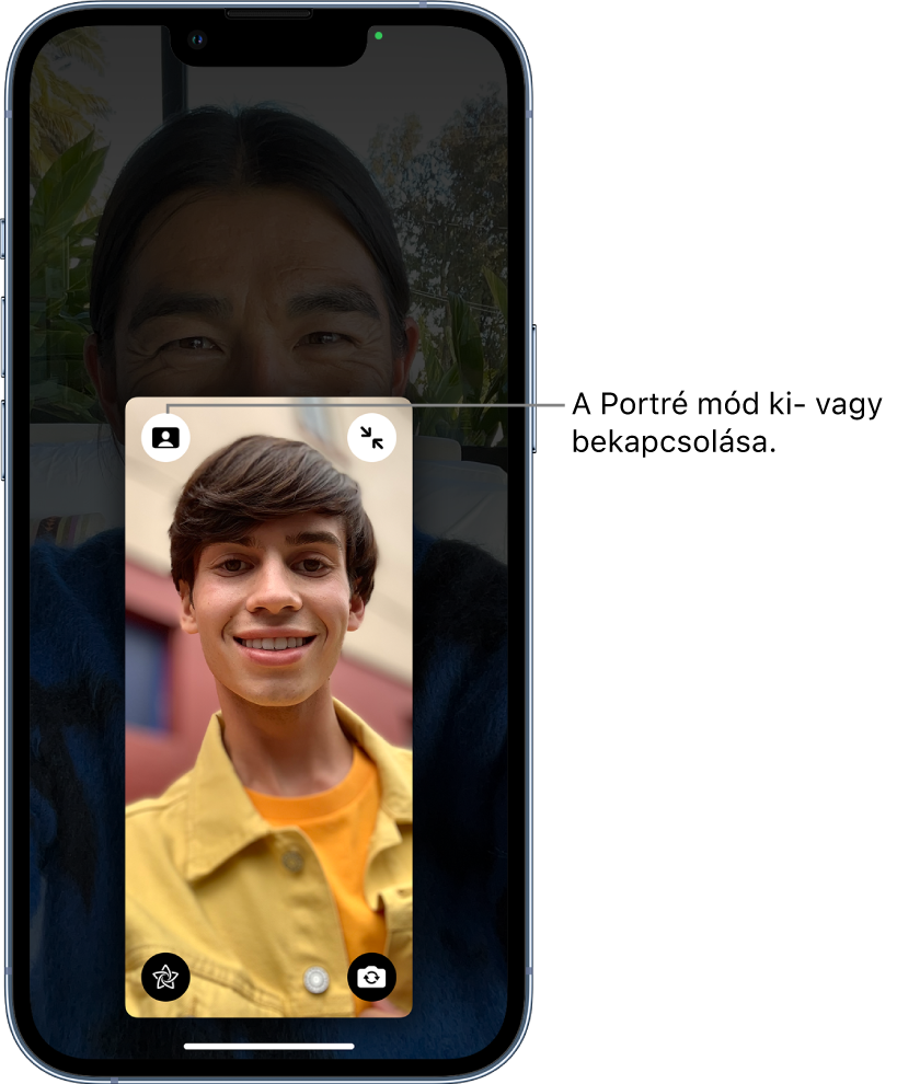 Egy FaceTime a hívó kinagyított csempéjével, ahol egy gomb látható a cím, bal felső sarkában a Portré mód ki- vagy bekapcsolásához.