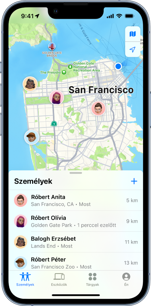 A Lokátor képernyőn látható a Személyek listája és a helyzetük San Francisco térképén.