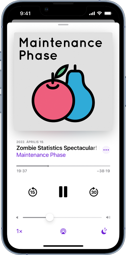 A Lejátszás alatt képernyőn látható lejátszási vezérlők. A podcast borítója alatt látható az epizód címe, valamint olyan vezérlők, amelyekkel előre vagy hátrafelé lehet léptetni a műsorban, le lehet játszani vagy szüneteltetni lehet a műsort, valamint vezérelhető a hangerő. A gombok alatt módosíthatja a hangerőt. A bal alsó sarokban található vezérlővel módosíthatja a lejátszás sebességét. A jobb alsó sarokban az Alvási időzítő gomb található.