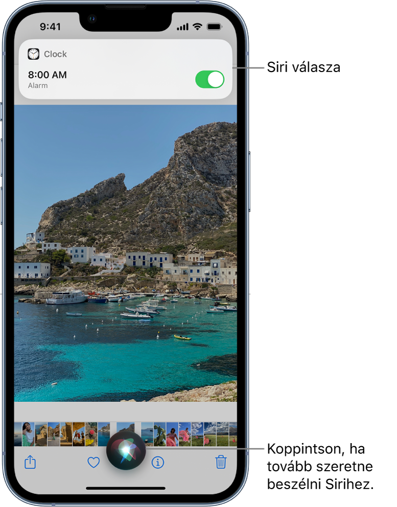 Siri az Időjárás app képernyőjén. Az Óra app értesítése azt jelzi, hogy be lett állítva egy ébresztés reggel 8 órára. A képernyő alján lévő gombbal tovább beszélhet Sirihez.