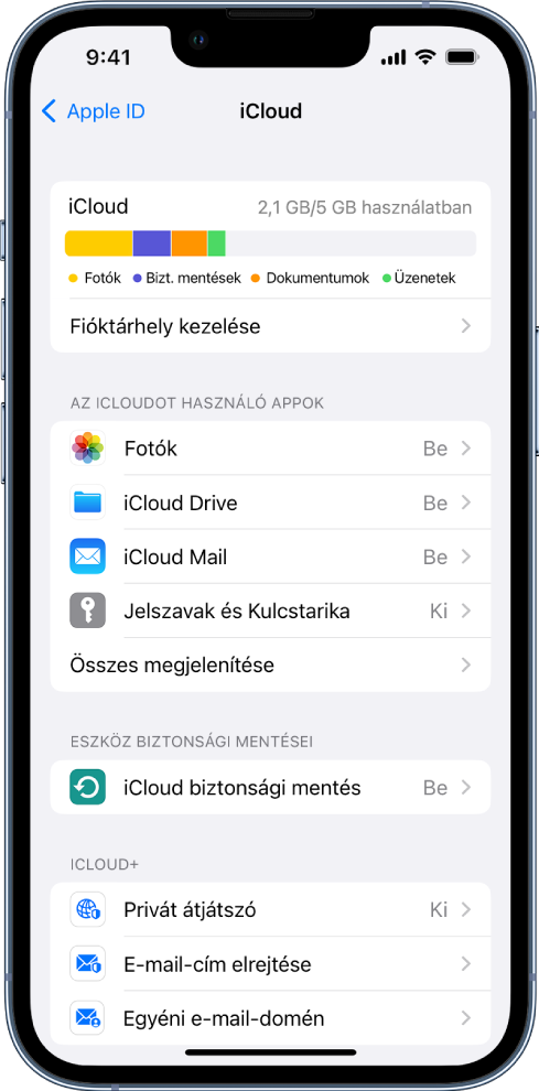 Az iCloud-beállítások képernyője, amelyen az iCloud-tárhely foglaltságmérője, valamint az iClouddal használható appok és szolgáltatások listája látható (pl. a Mail, a Kontaktok és az Üzenetek).