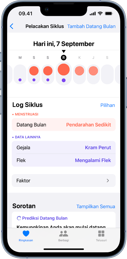 Layar Pelacakan Siklus menampilkan garis waktu untuk seminggu di bagian atas layar. Tanda lingkaran merah padat menandai 3 hari pertama di garis waktu, dan tanda titik ungu menandai semua hari. Di bawah garis waktu terdapat pilihan untuk menambahkan informasi mengenai haid, gejala, dan lainnya.