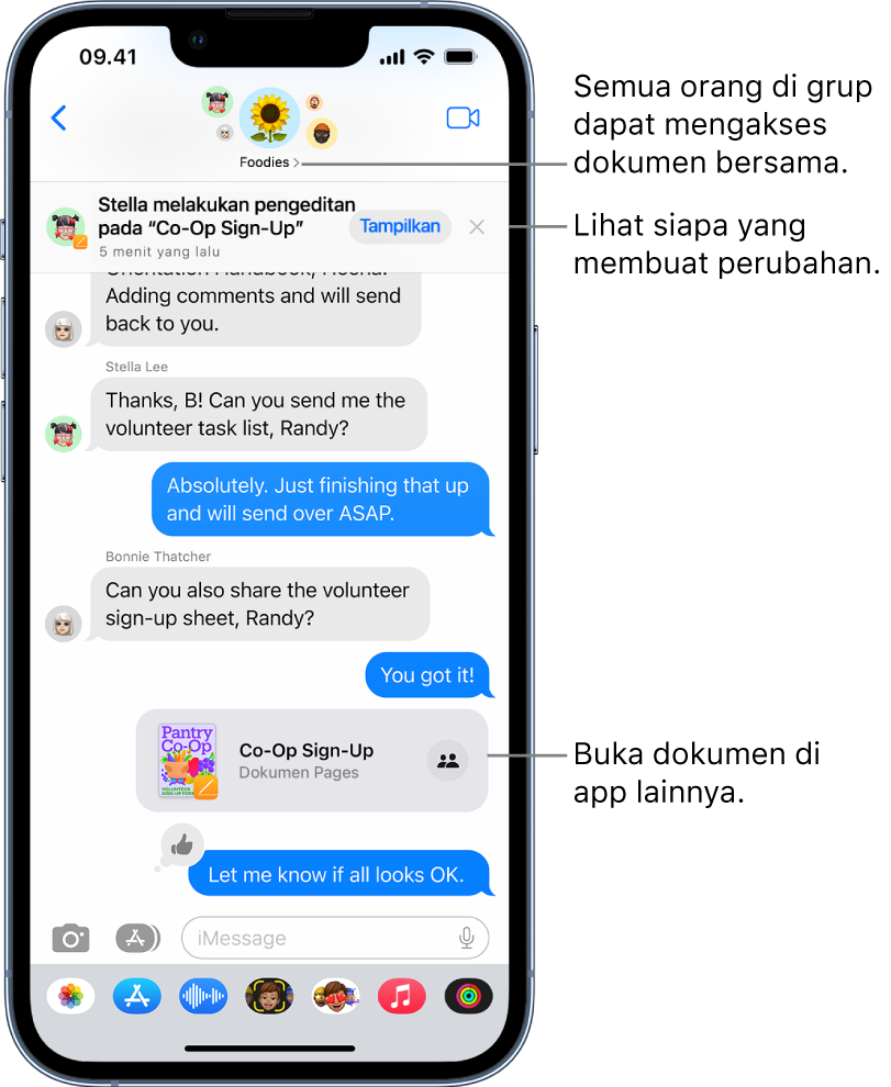 Percakapan grup di Pesan meliputi undangan kolaborasi dan pembaruan di bagian atas jendela percakapan.