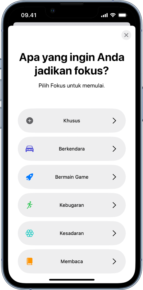 Layar pengaturan Fokus untuk salah satu pilihan Fokus tambahan yang disediakan, termasuk Khusus, Berkendara, Kebugaran, Bermain Game, Kesadaran, dan Membaca.