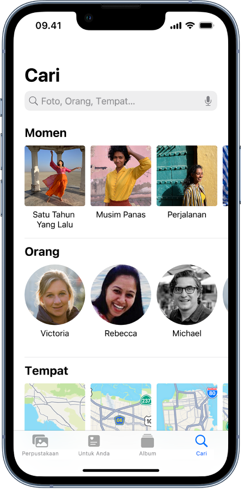 Tombol Cari dipilih di bagian bawah app Foto. Di bagian atas layar terdapat bidang Cari. Dari atas ke bawah layar menampilkan; Momen, Orang, dan Tempat.