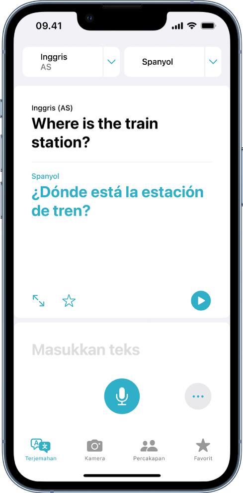 Tab Terjemahan, menampilkan dua pemilih bahasa—bahasa Inggris dan Spanyol—di bagian atas, terjemahan di tengah, dan bidang Masukkan Teks di dekat bagian bawah.