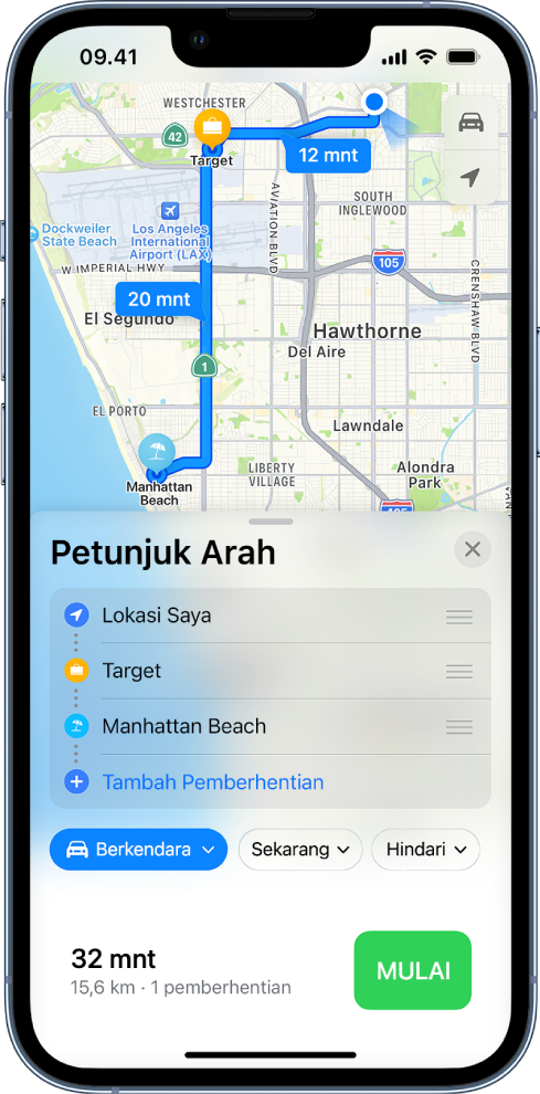 App Peta menampilkan petunjuk arah berkendara dengan beberapa pemberhentian di sepanjang rute.