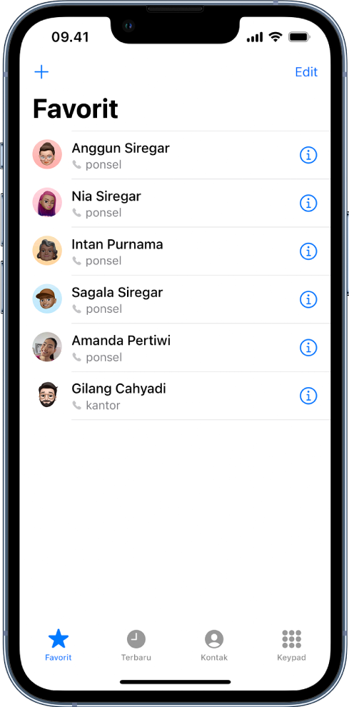 Layar Favorit di app Kontak; enam kontak tercantum sebagai favorit.